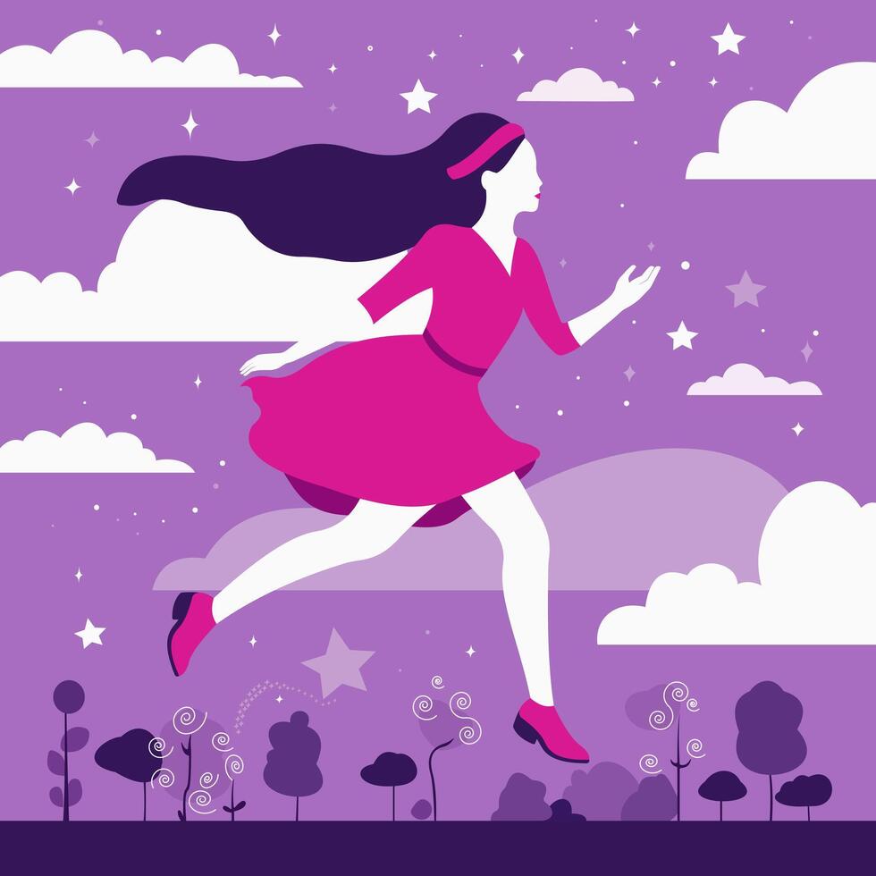 A woman flies in the clouds in the background of the starry sky. Flat vector illustration.