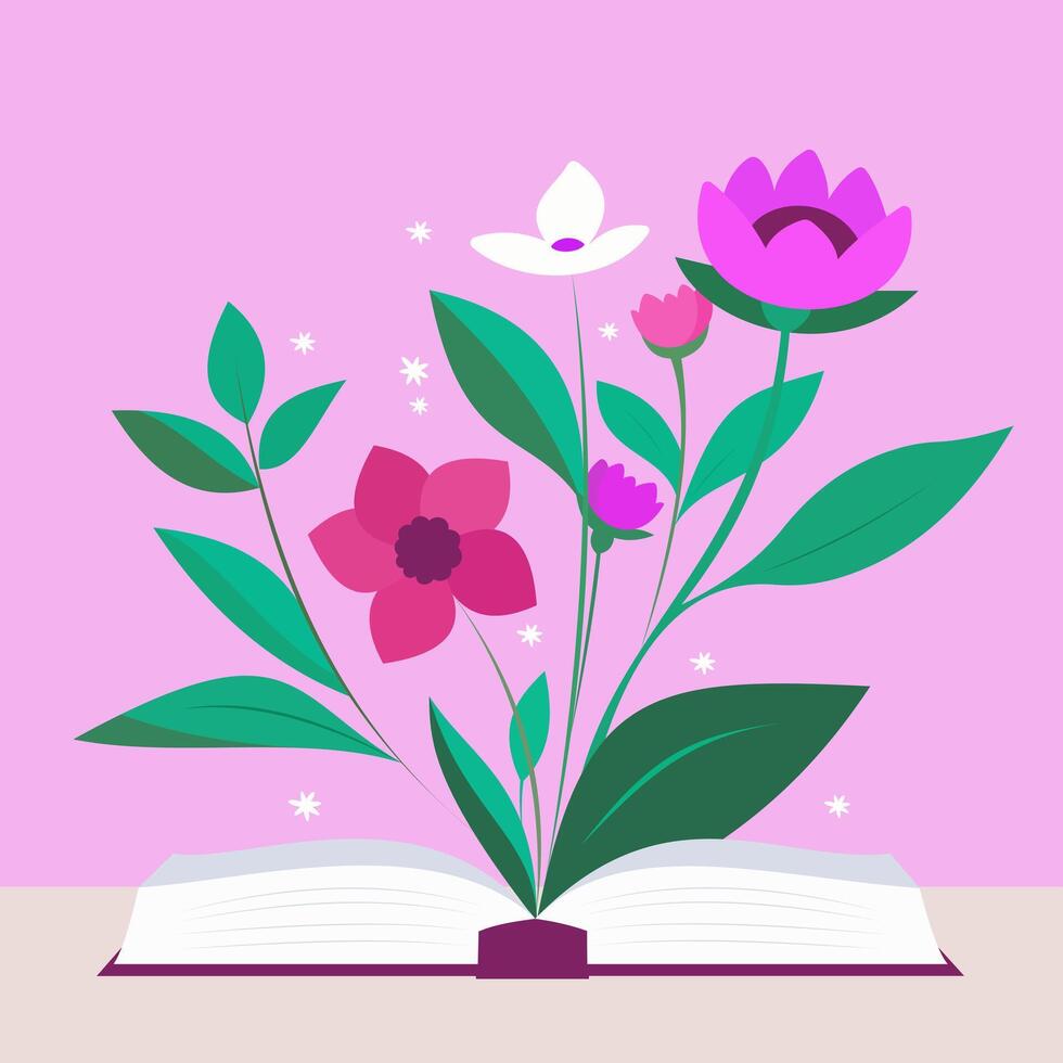 Open book and flower. Flat vector illustration