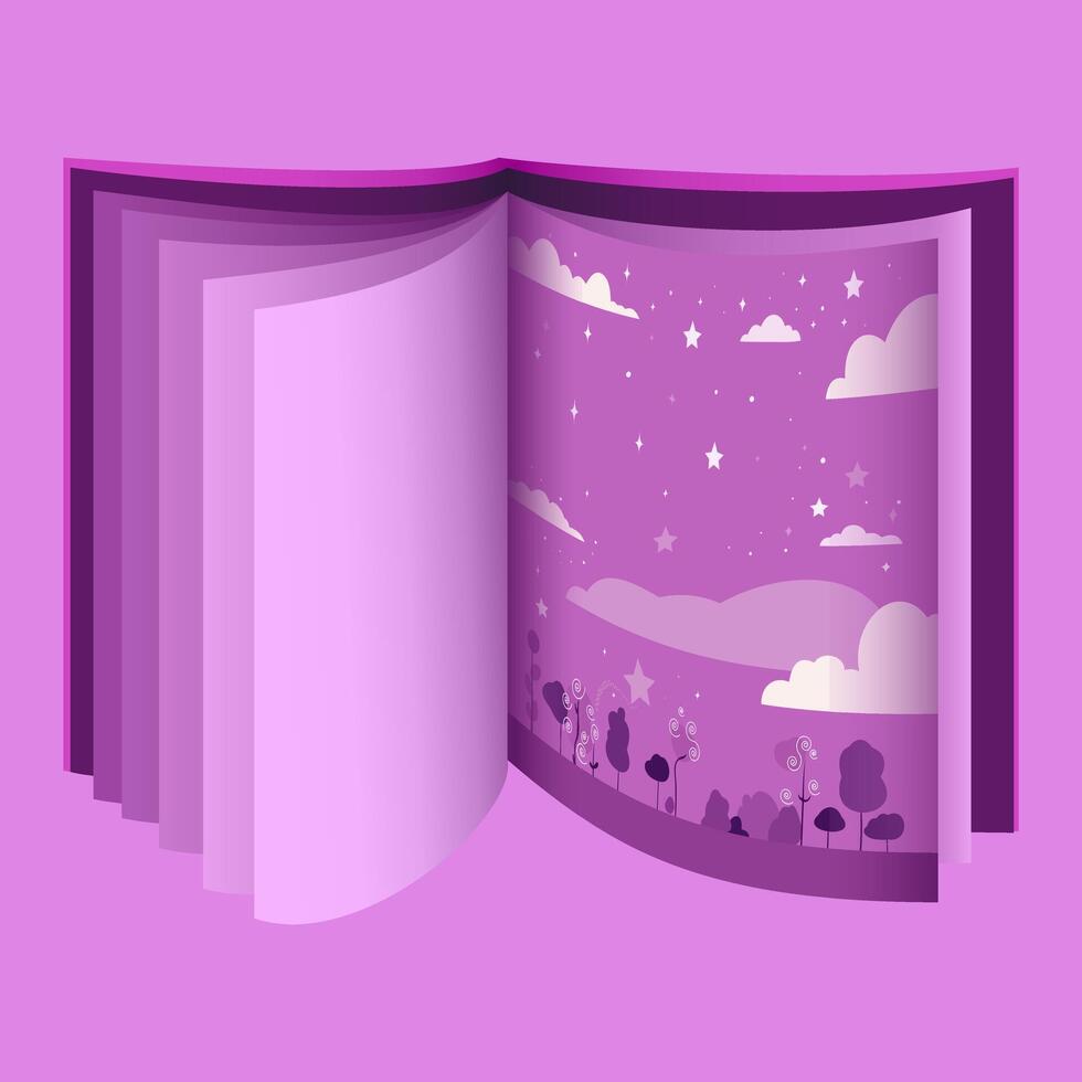 A book with a cosmic illustration of the sky with stars and clouds. Vector illustration
