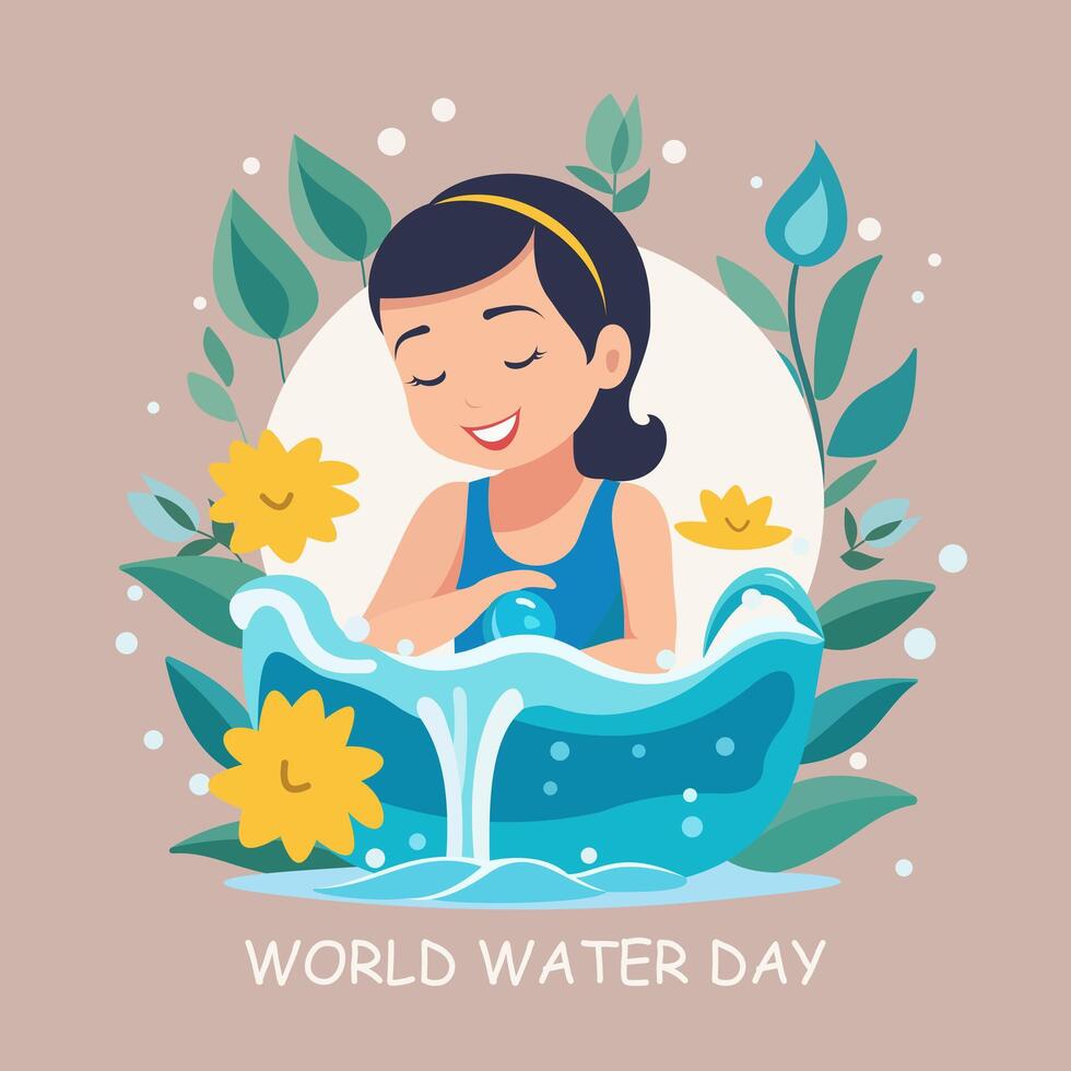 mundo agua día. un niña nada en el agua con un floral antecedentes. vector ilustración.