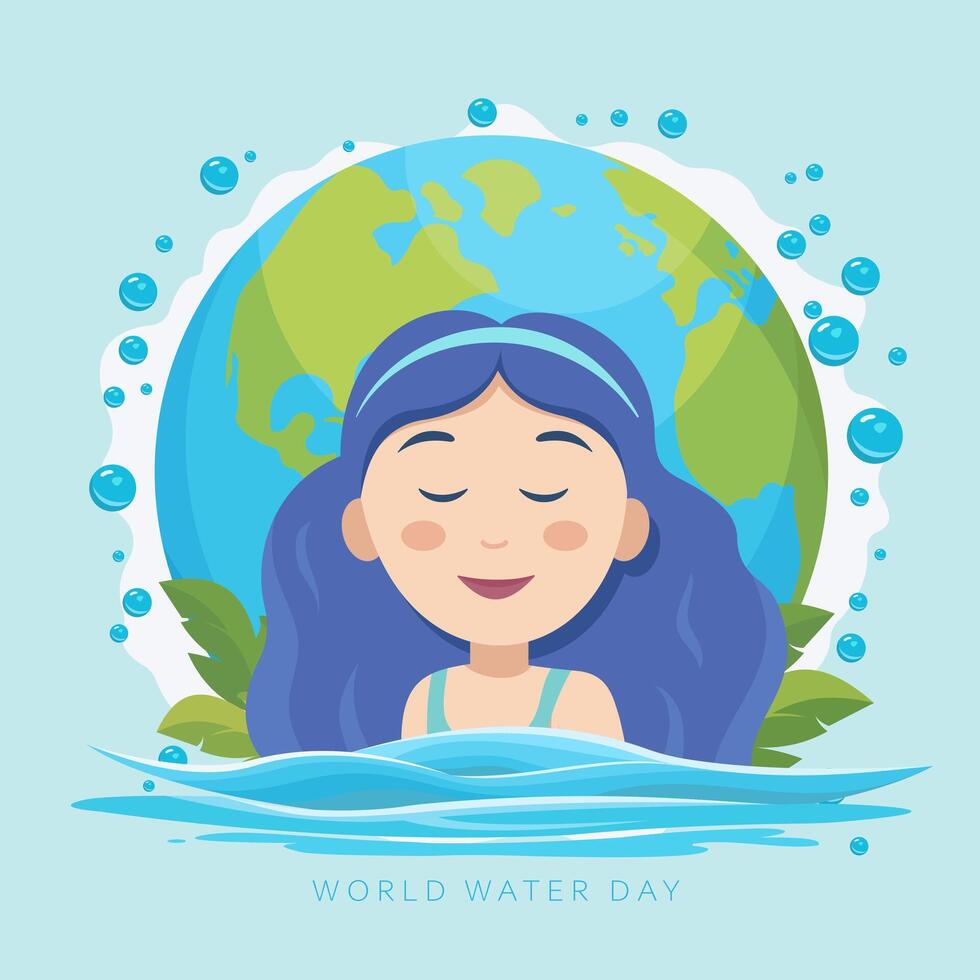 mundo agua día. niña en el agua en contra el antecedentes de el tierra. vector ilustración.