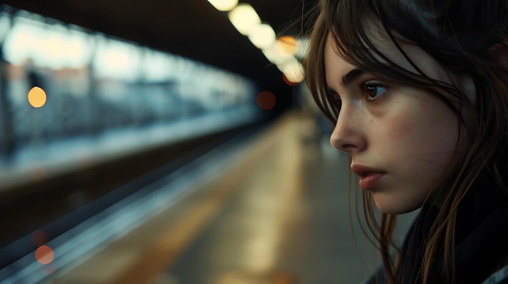 AI generated Young Woman Navigates Airport Terminal with Suitcase Surrounded by Planes and Bustling Activity photo