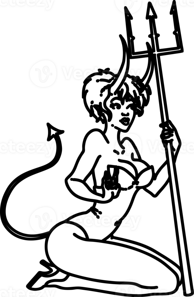 tätowieren im schwarz Linie Stil von ein Aufstecken Teufel Mädchen Symbol png