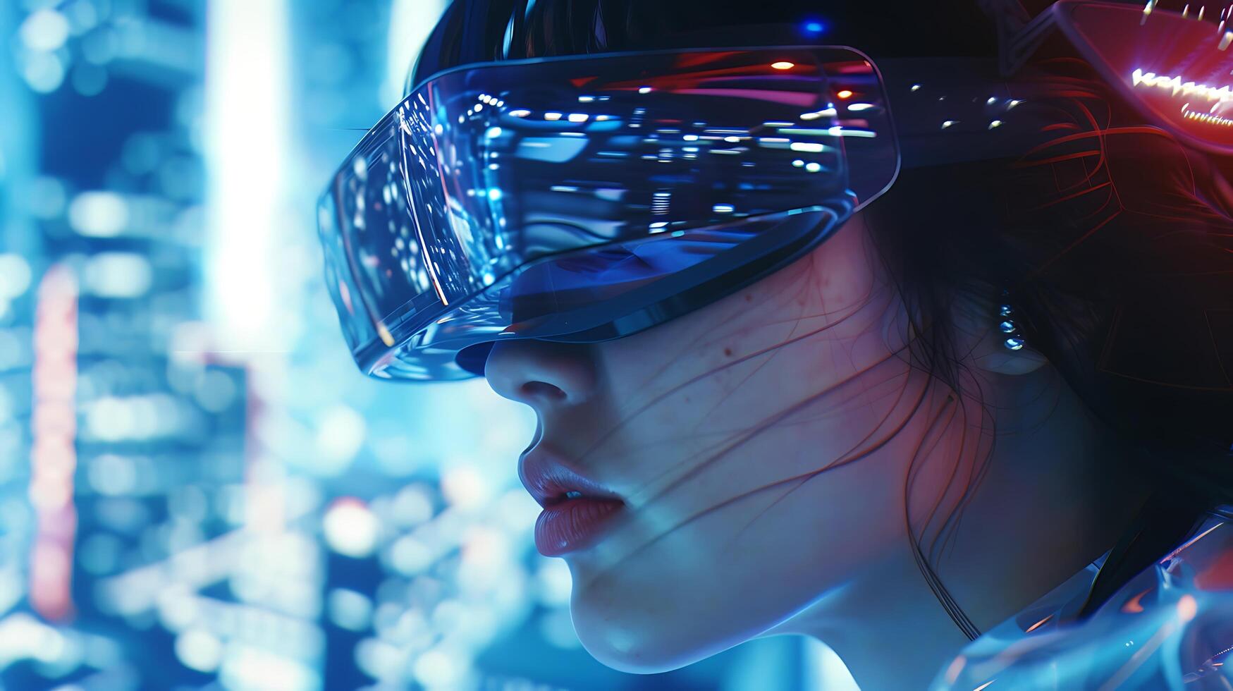 AI generated Virtual Reality Immersion Woman Wearing VR Goggles in Futuristic Digital Environment photo