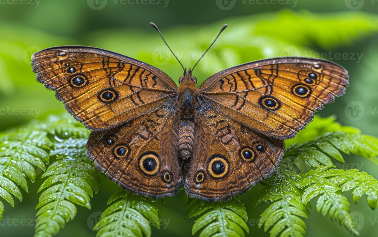AI generated Rich Brown Butterfly with Elaborate Eye Patterns on the Wings, Settled on Greenery photo