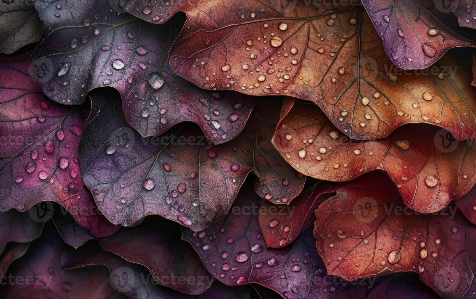 AI generated Macro View of Oak Leaves Adorned with Dewdrops photo