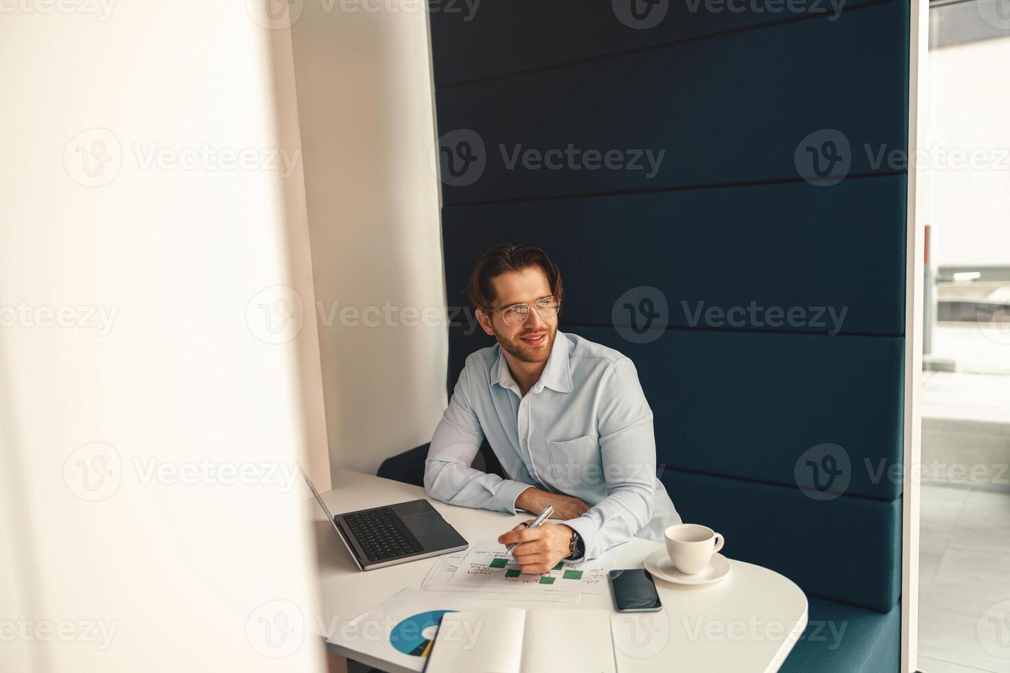 Handsome businessman working on project while using laptop and making notes while sittting in office photo