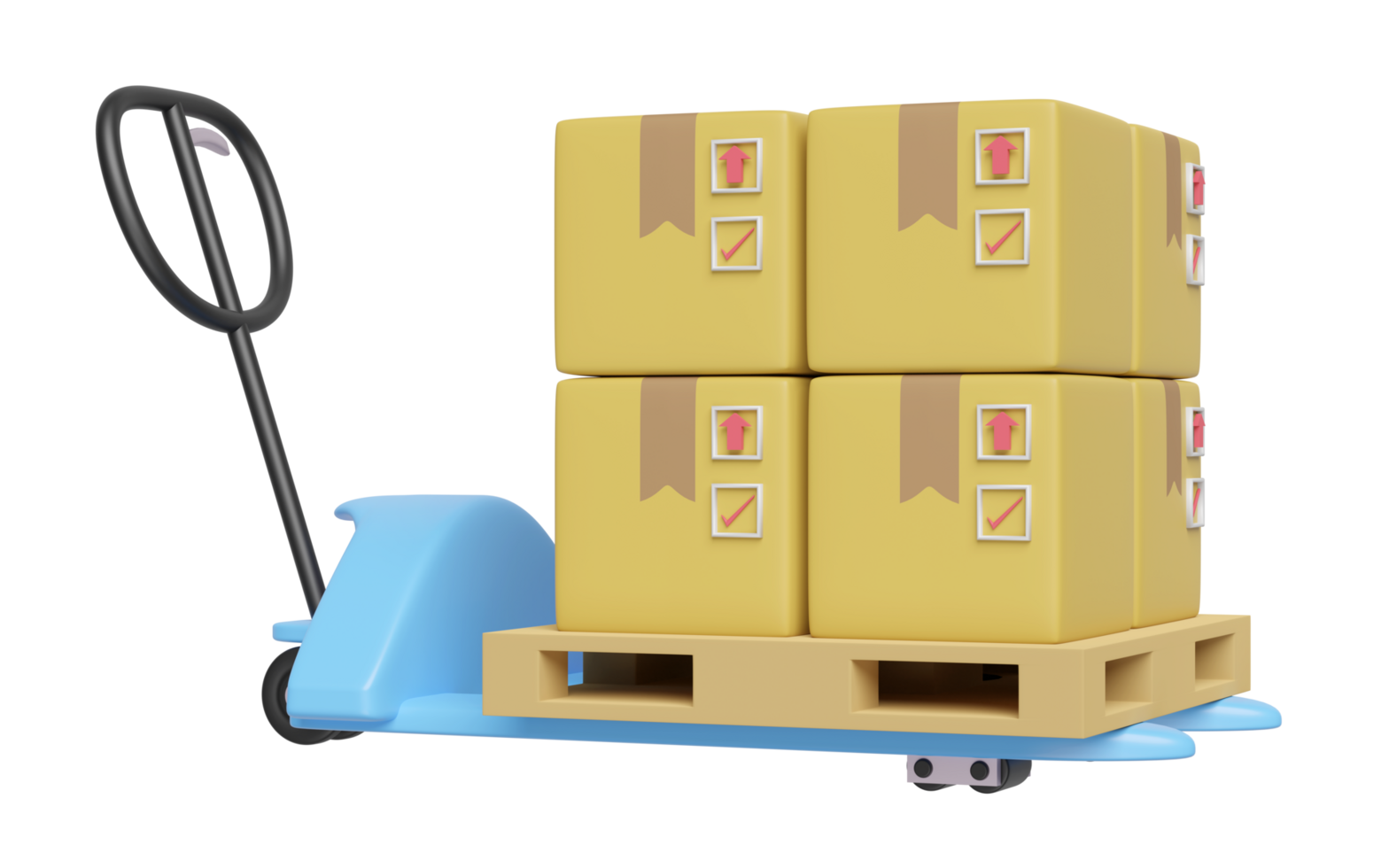 3d blue hand pallet truck with goods cardboard box isolated. 3d illustration render png