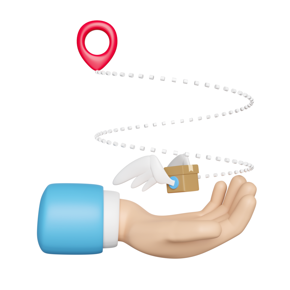 3d goods cardboard box with wing, pin on hand isolated. express delivery route, worldwide shipping concept, 3d illustration render png