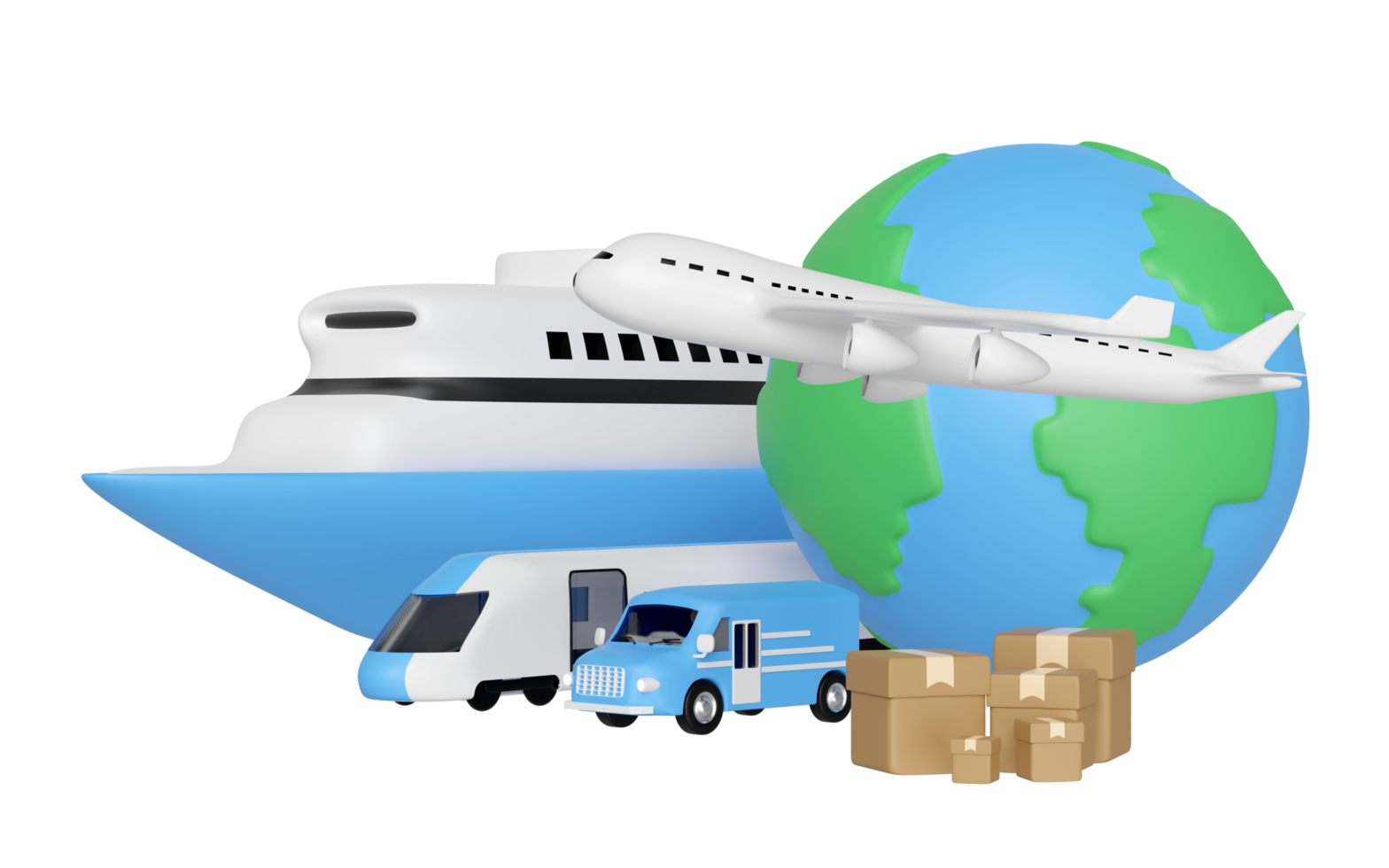 Worldwide shipping concept with  globe, airplane, van, boat, goods box isolated. 3d render illustration png