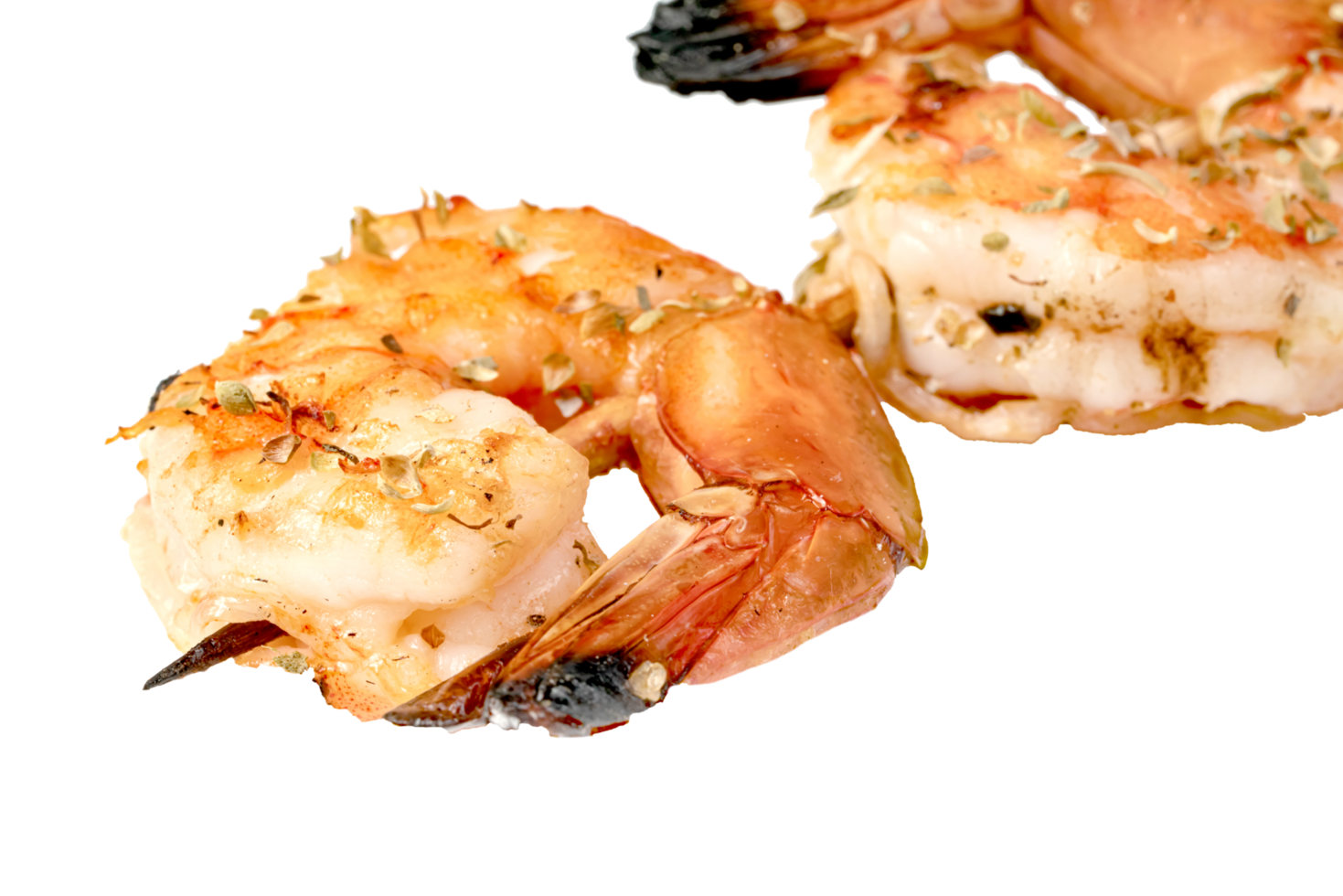 roasted peeled prawn with skewer isolated. grilled shrimp png