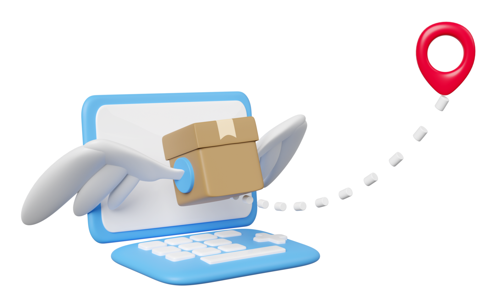 laptop computer with goods cardboard box fly, pin isolated. express delivery route, worldwide shipping concept, 3d illustration render png