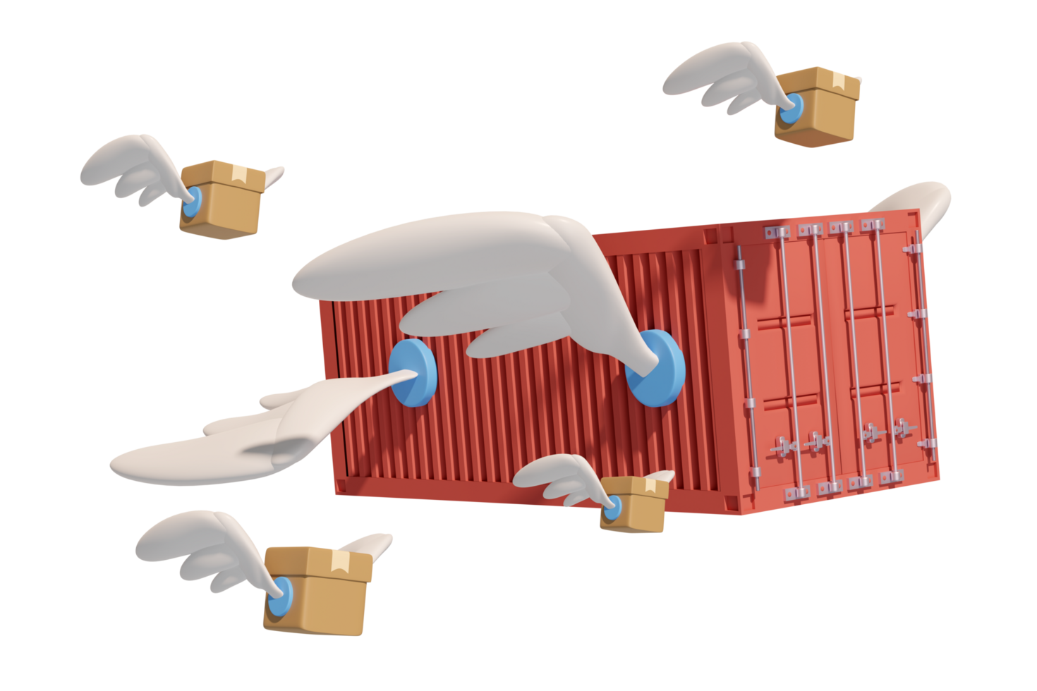 shipping container fly with goods cardboard box, wing isolated. express delivery route, worldwide shipping concept, 3d illustration render png