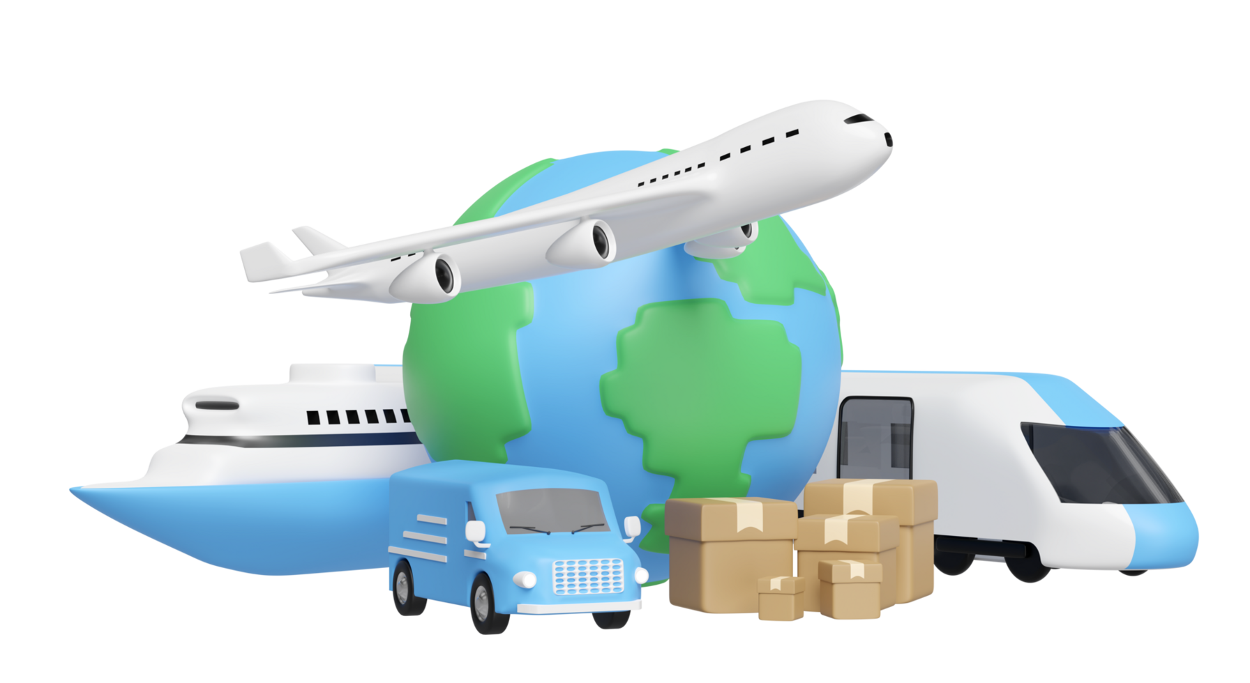 Worldwide shipping concept with  globe, airplane, van, boat, goods box isolated. 3d render illustration png