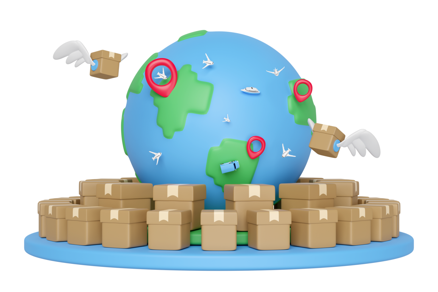 3d goods cardboard box with wing, globe on podium, pin isolated. express delivery route, worldwide shipping concept, 3d illustration render png