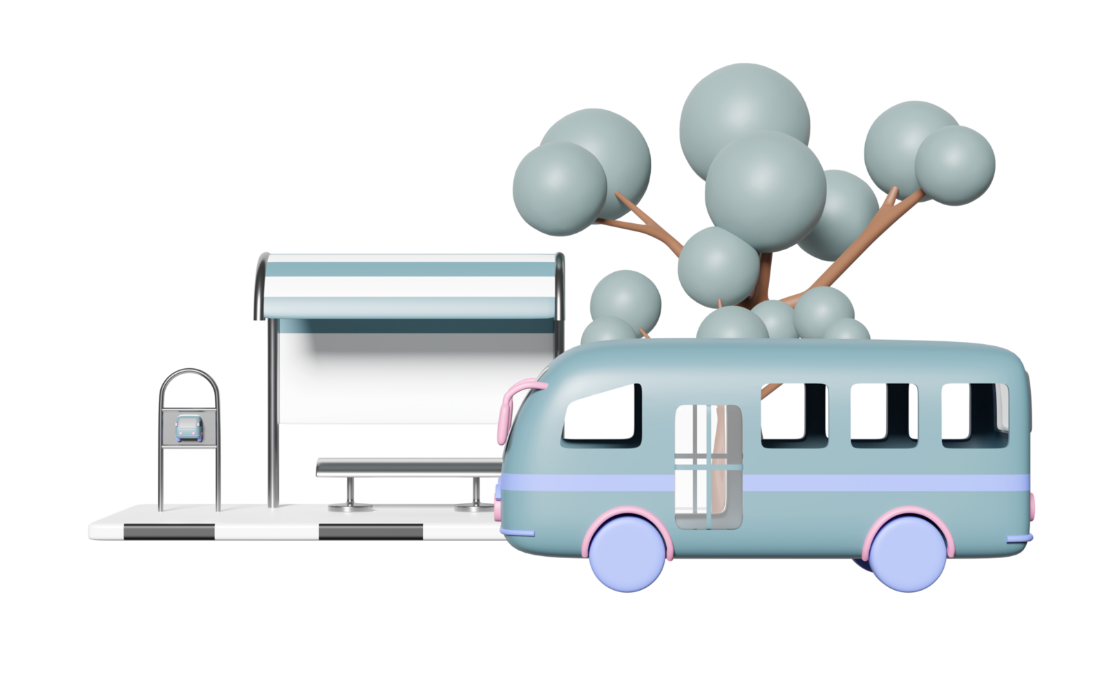 3d bus stop with passenger accommodation, tree isolated. public transportation concept, 3d illustration render png