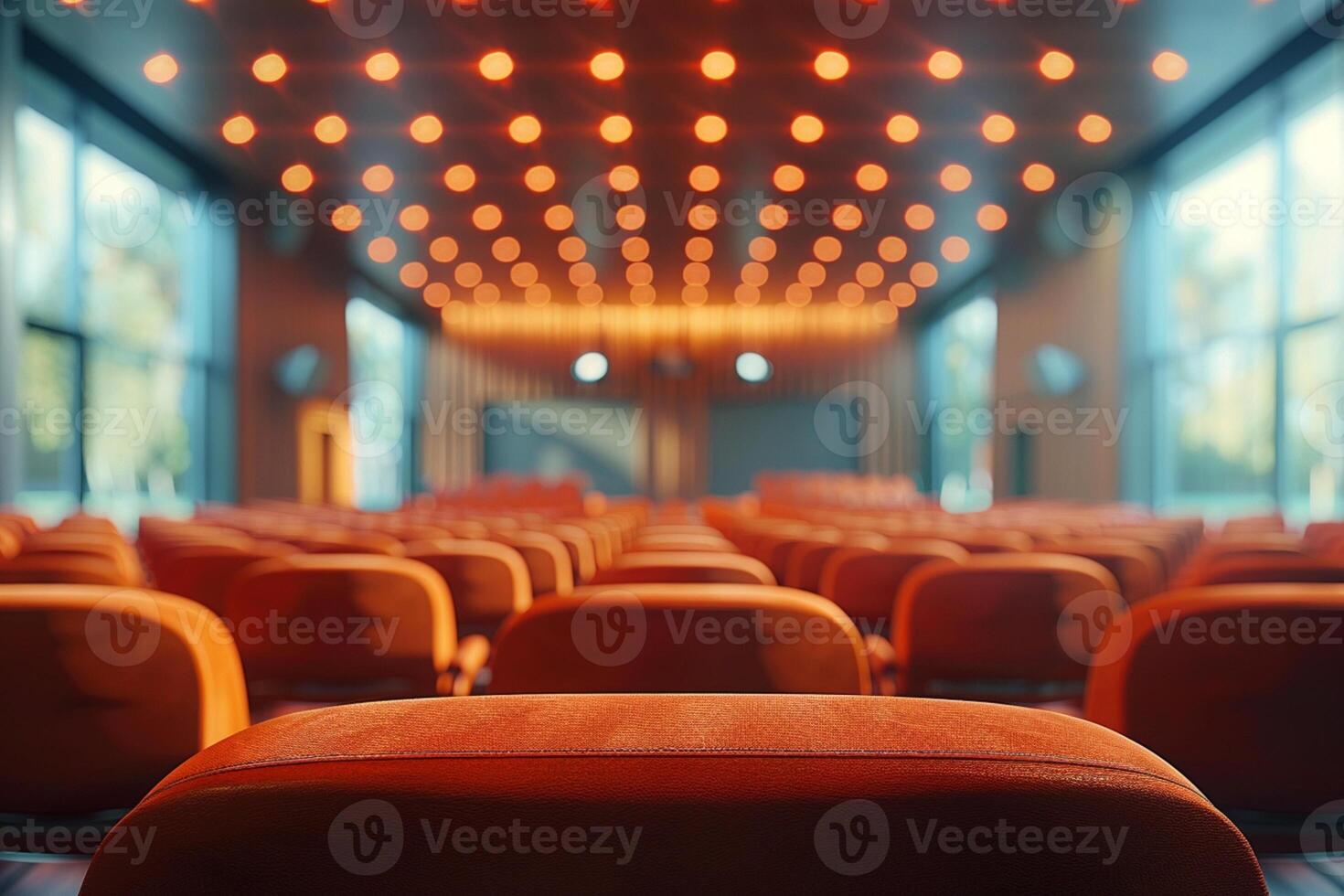 AI generated Conference room with soft chairs, no people, selective focus photo