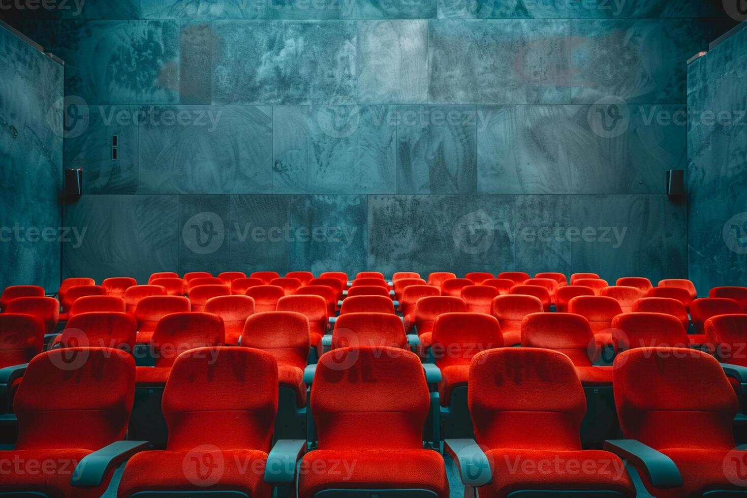 AI generated Red chairs in a conference room, no people, selective focus photo
