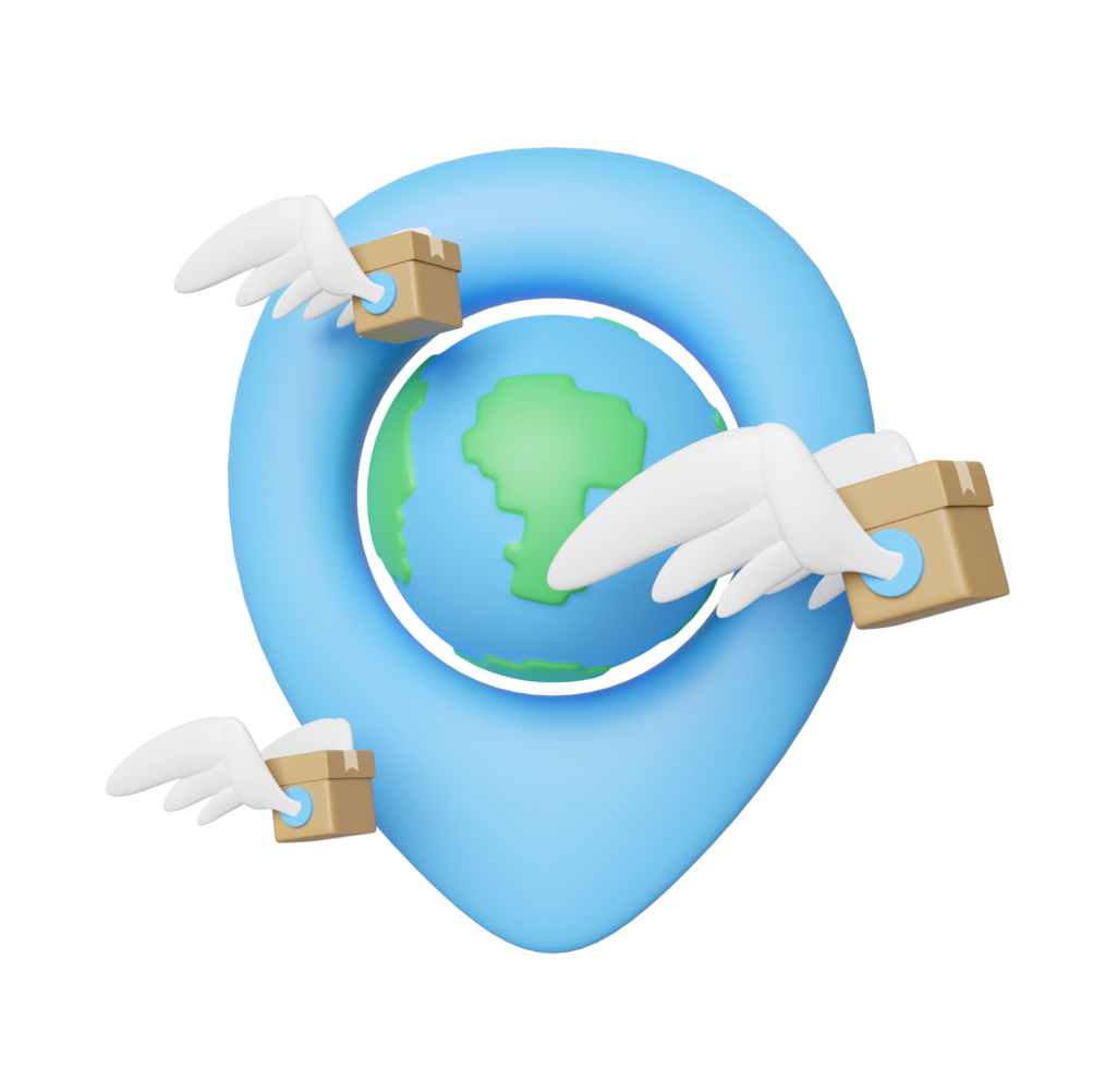 3d goods cardboard box with wing, world, pin isolated. Online shopping, express delivery, worldwide shipping concept, 3d illustration render png