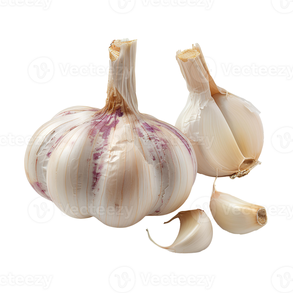 AI generated Garlic PNG. Clove of garlic isolated. Garlic top view PNG. Garlic flat lay PNG Flavourful garlic herb for food preparations