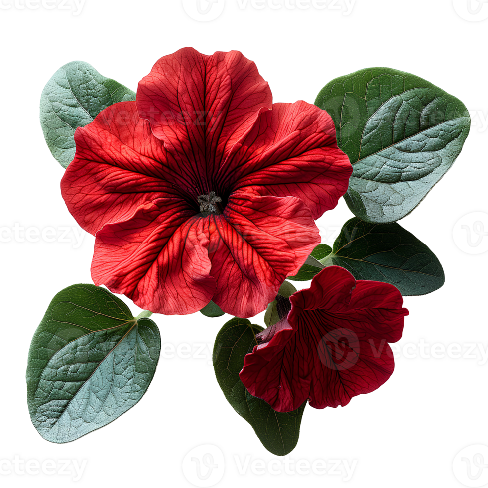 AI generated Red petunia flower PNG. Red flower isolated. Petunia top view PNG. Petunia flower flat lay PNG. Summertime flower png