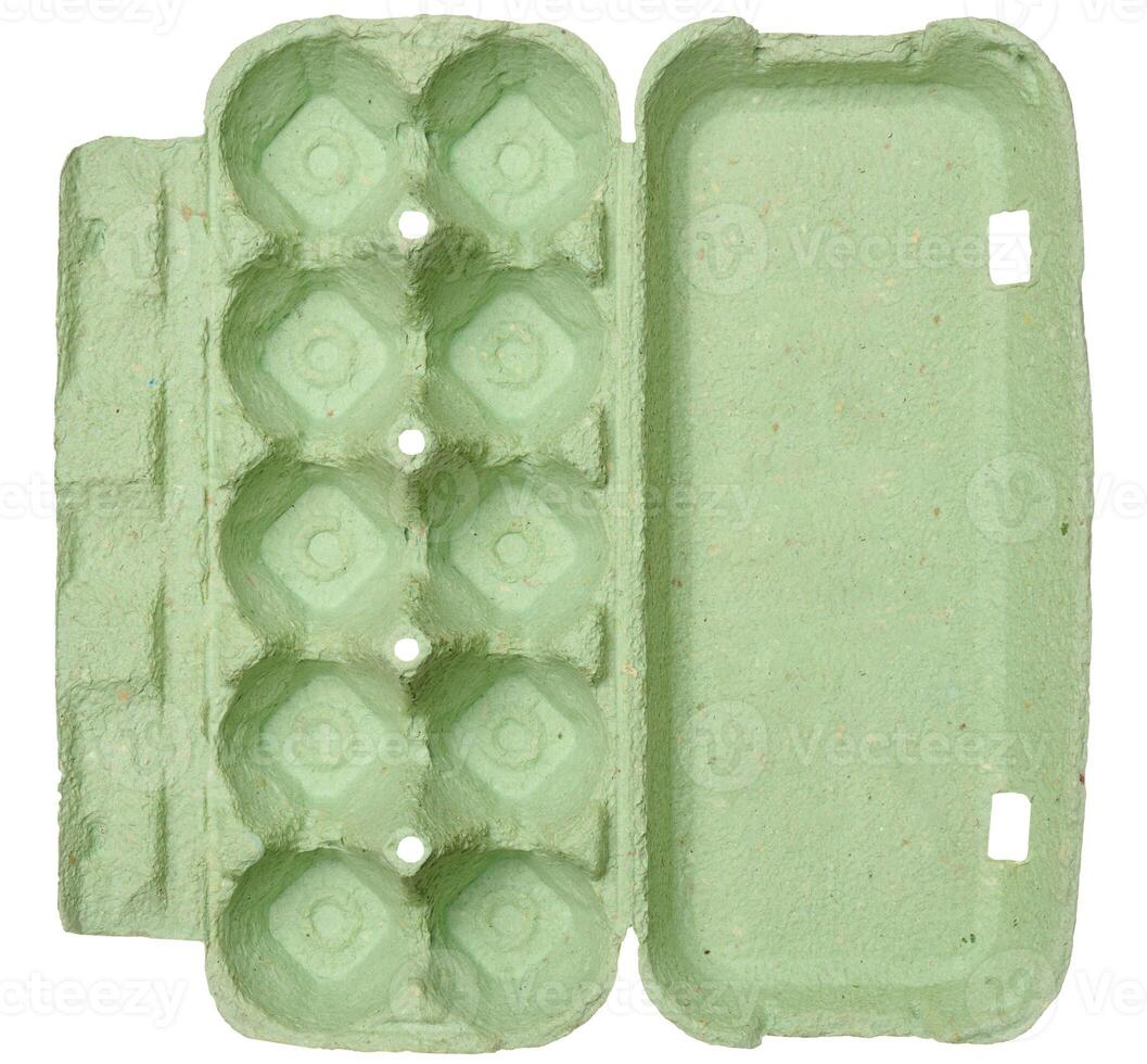 Green recycled egg carton on isolated background, storage photo