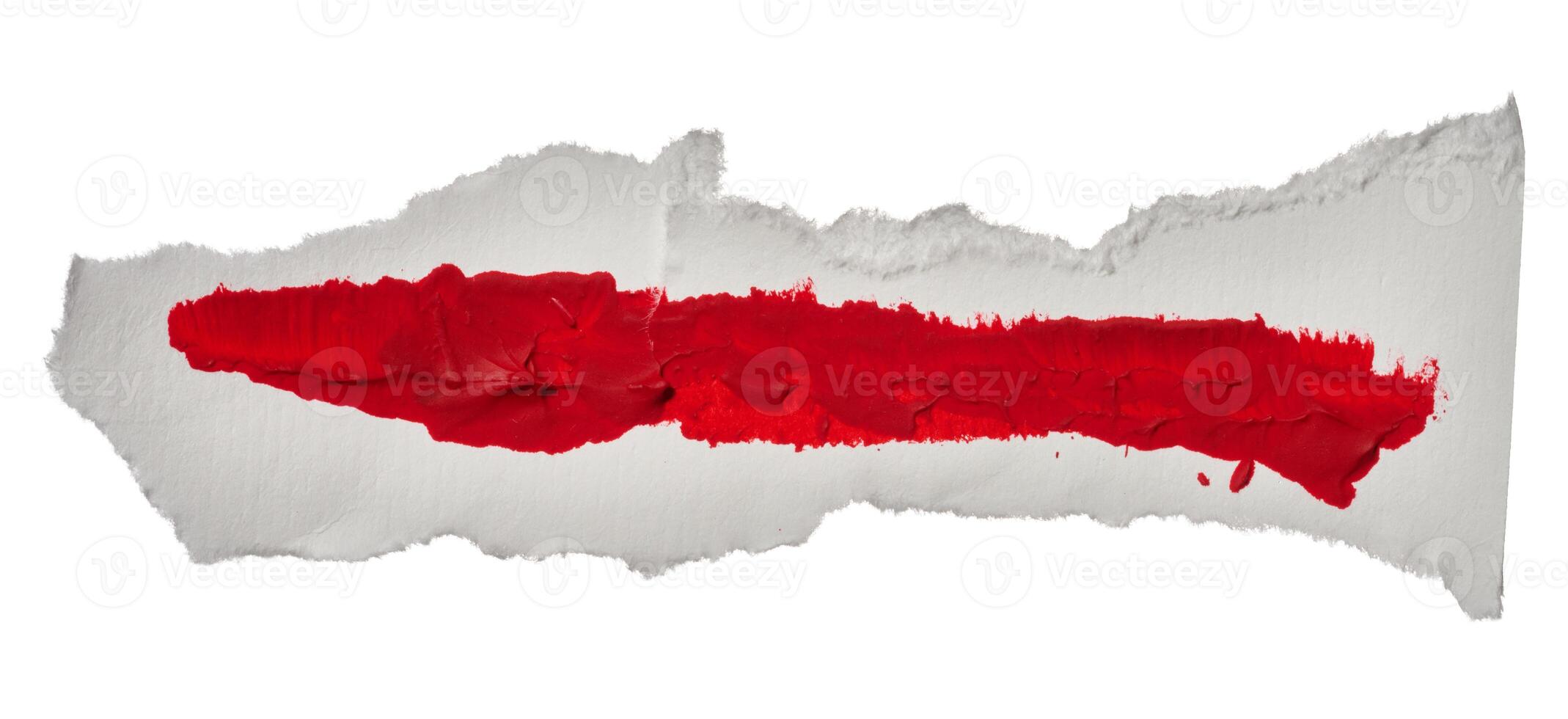 Torn piece of white paper with red paint swatch on isolated background photo