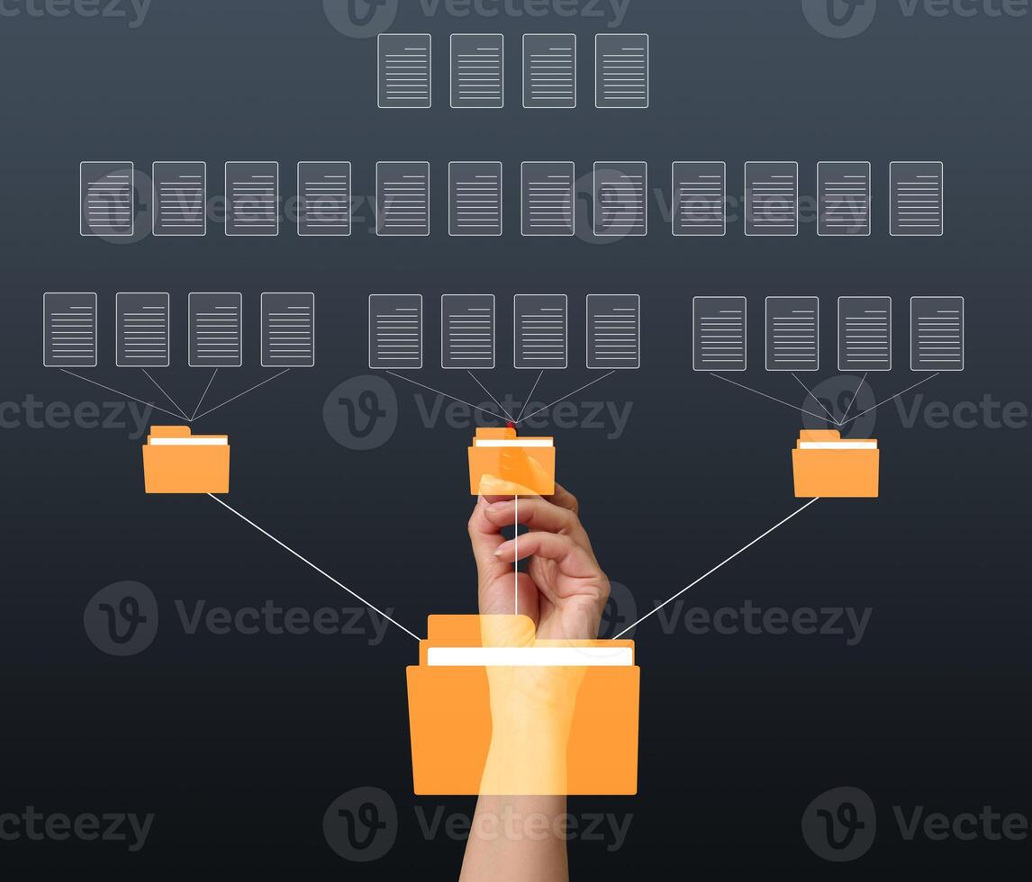 A female hand and virtual icons of folders and files, a concept of data organization and archiving, remote data management photo