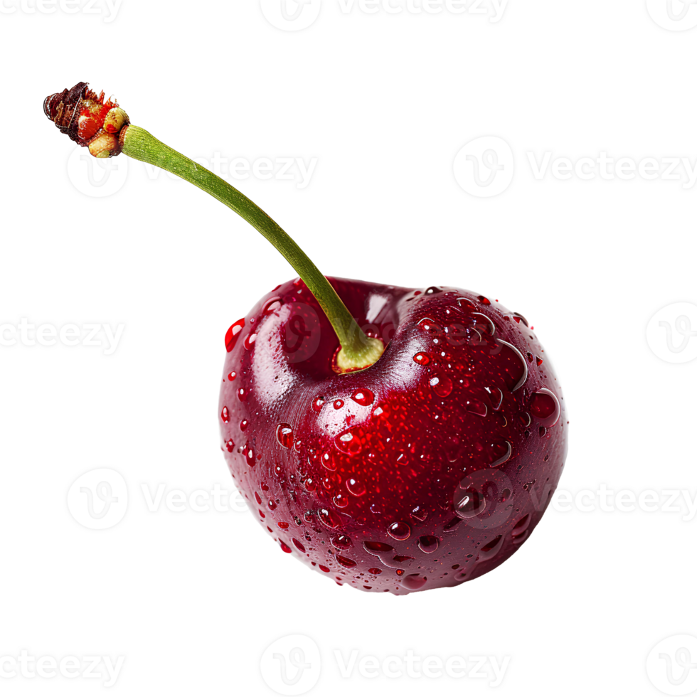 AI generated Red cherry with stem PNG. Red cherries PNG. Wild red cherry isolated. Cherry with a steam and a leaf PNG