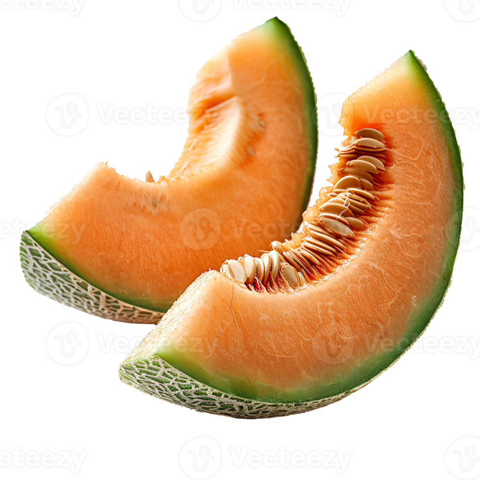 AI generated cantaloupe melon PNG. Slice of cantaloupe melon isolated. Refreshing melon top view. Cantaloupe flat lay PNG