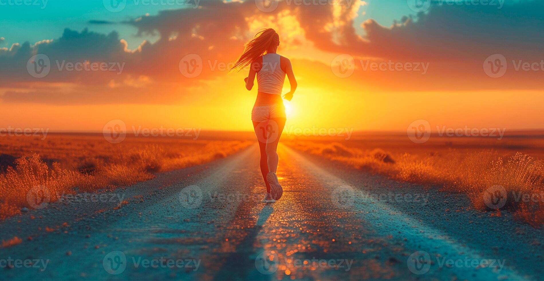 ai generado corriendo niña a atardecer, Deportes correr, sano estilo de vida - ai generado imagen foto