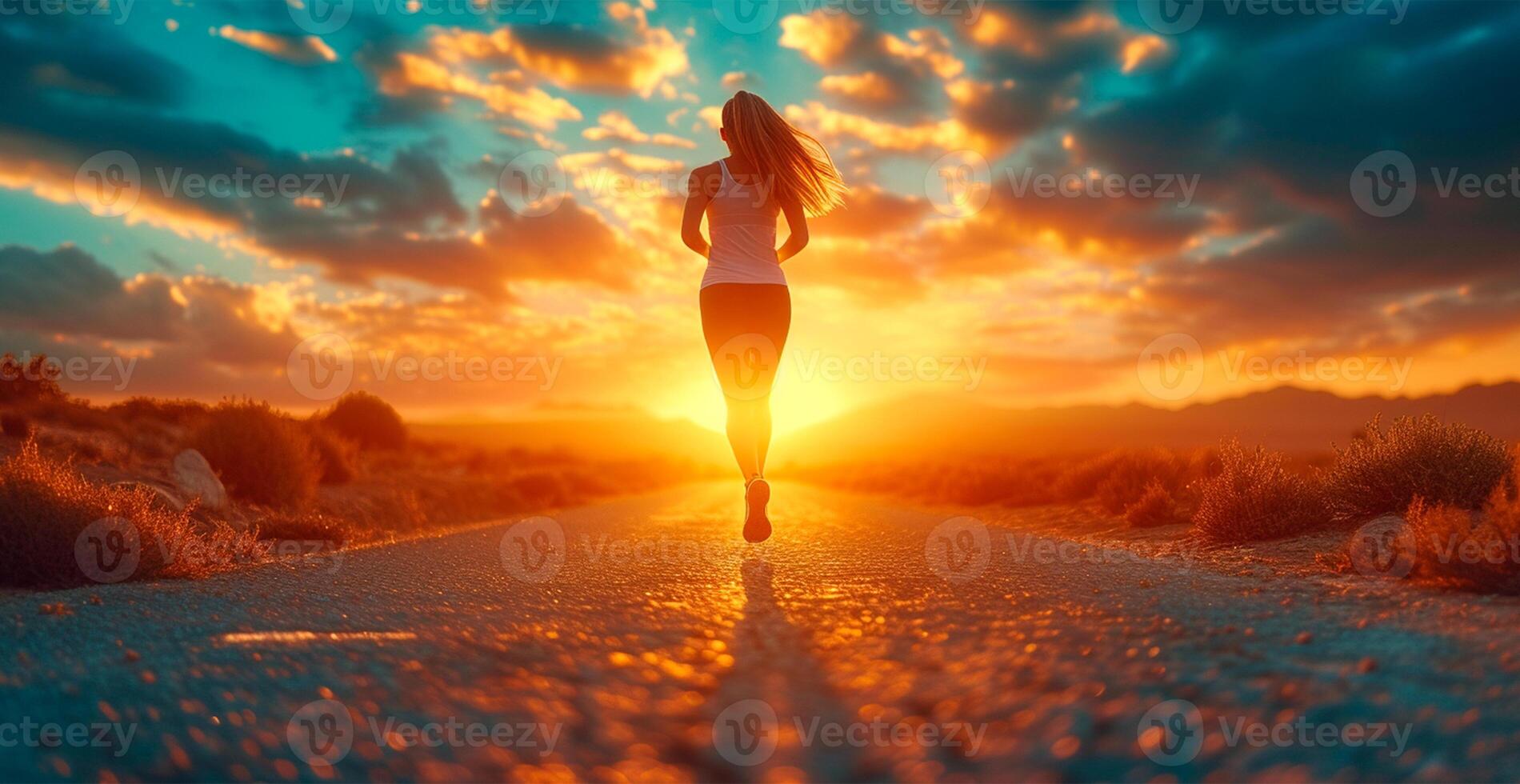 AI generated Running girl at sunset, sports jogging, healthy lifestyle - AI generated image photo