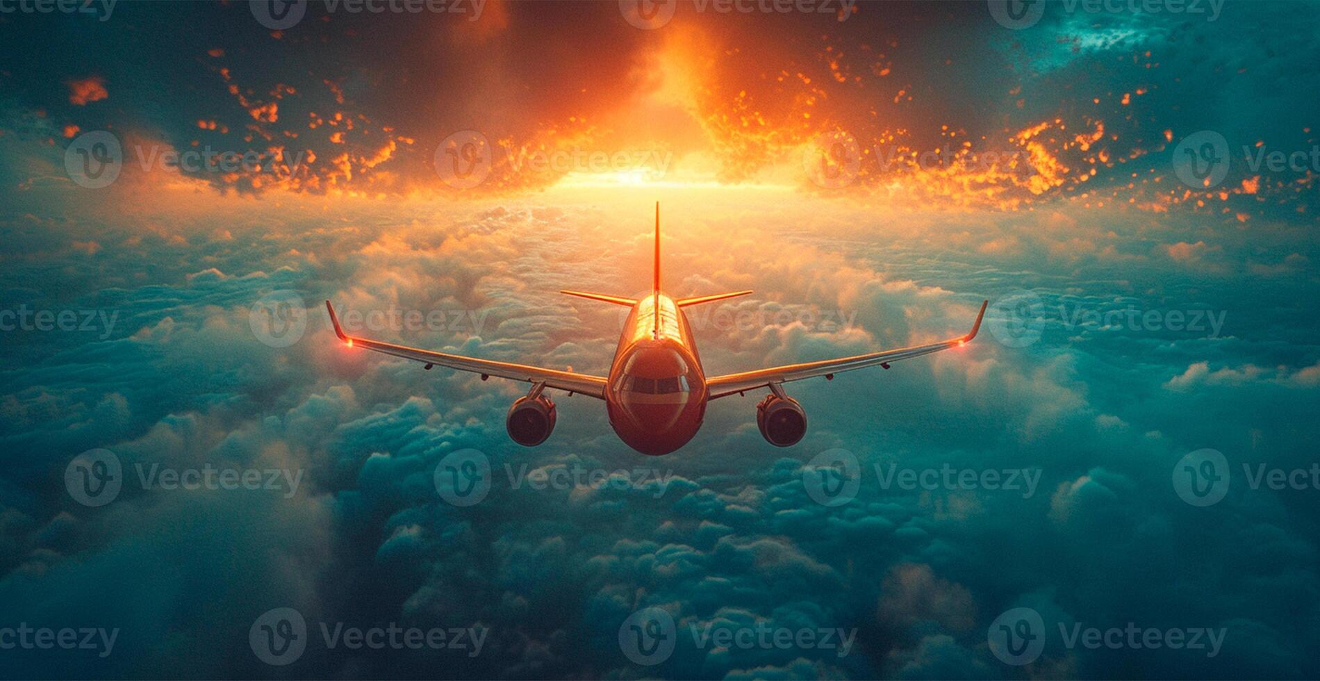 AI generated A commercial civil aircraft flies above the clouds in the bright sun. Travel and transport concept - AI generated image photo
