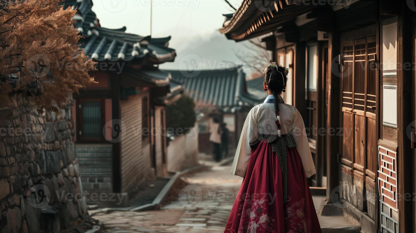 ai generado un caminar mediante tradicional coreano pueblo foto