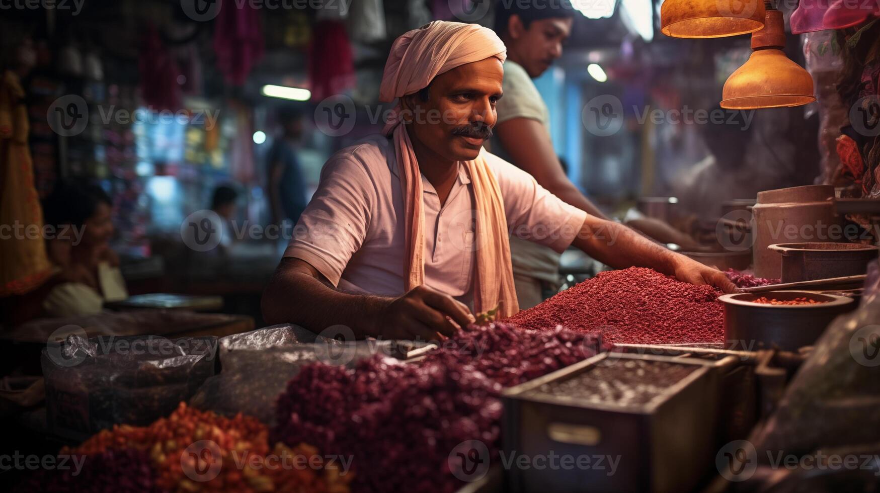 AI generated A Vendor Arranging Spices at a Bustling Market photo