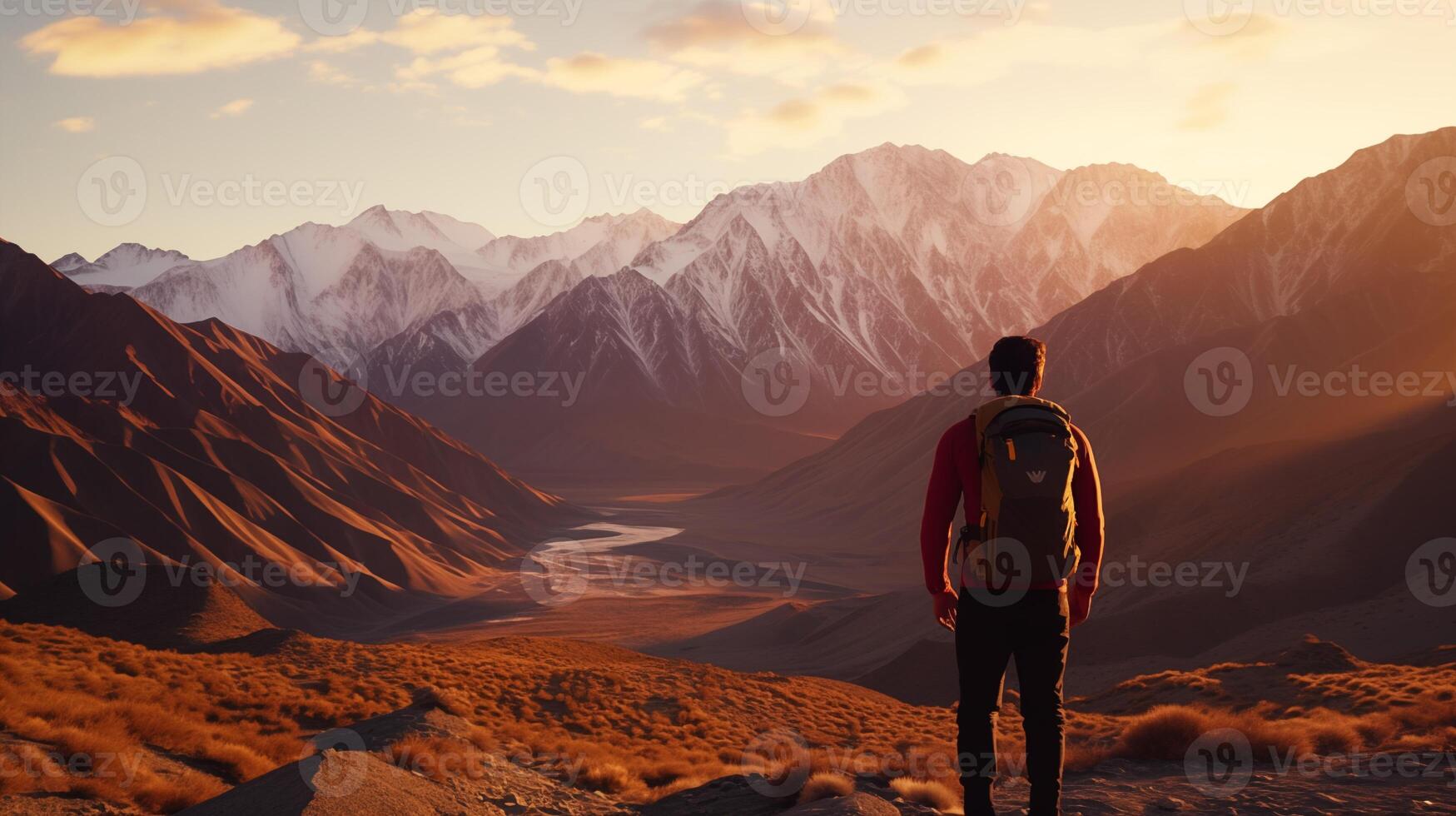 AI generated A Lone Traveler Admires Majestic Mountain Ranges photo