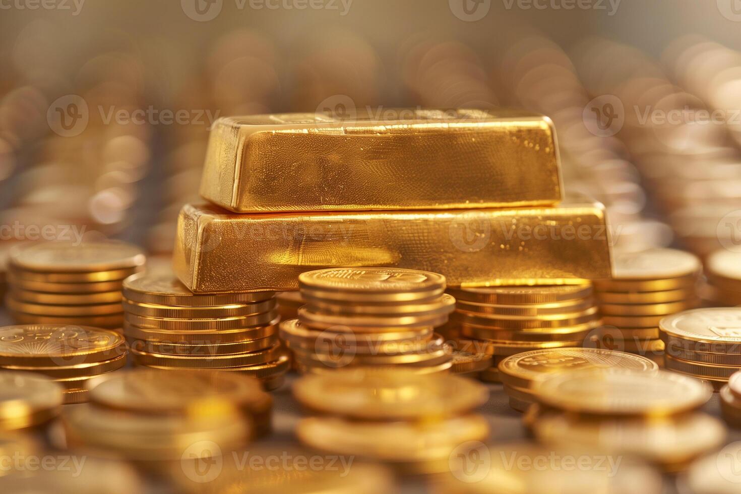 AI generated Gold bar put on top of stacks of gold coin photo