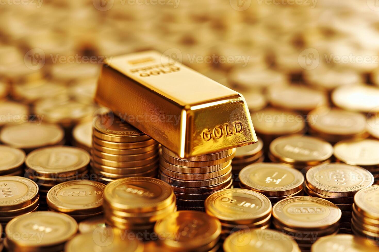 AI generated Gold bar put on top of stacks of gold coin photo