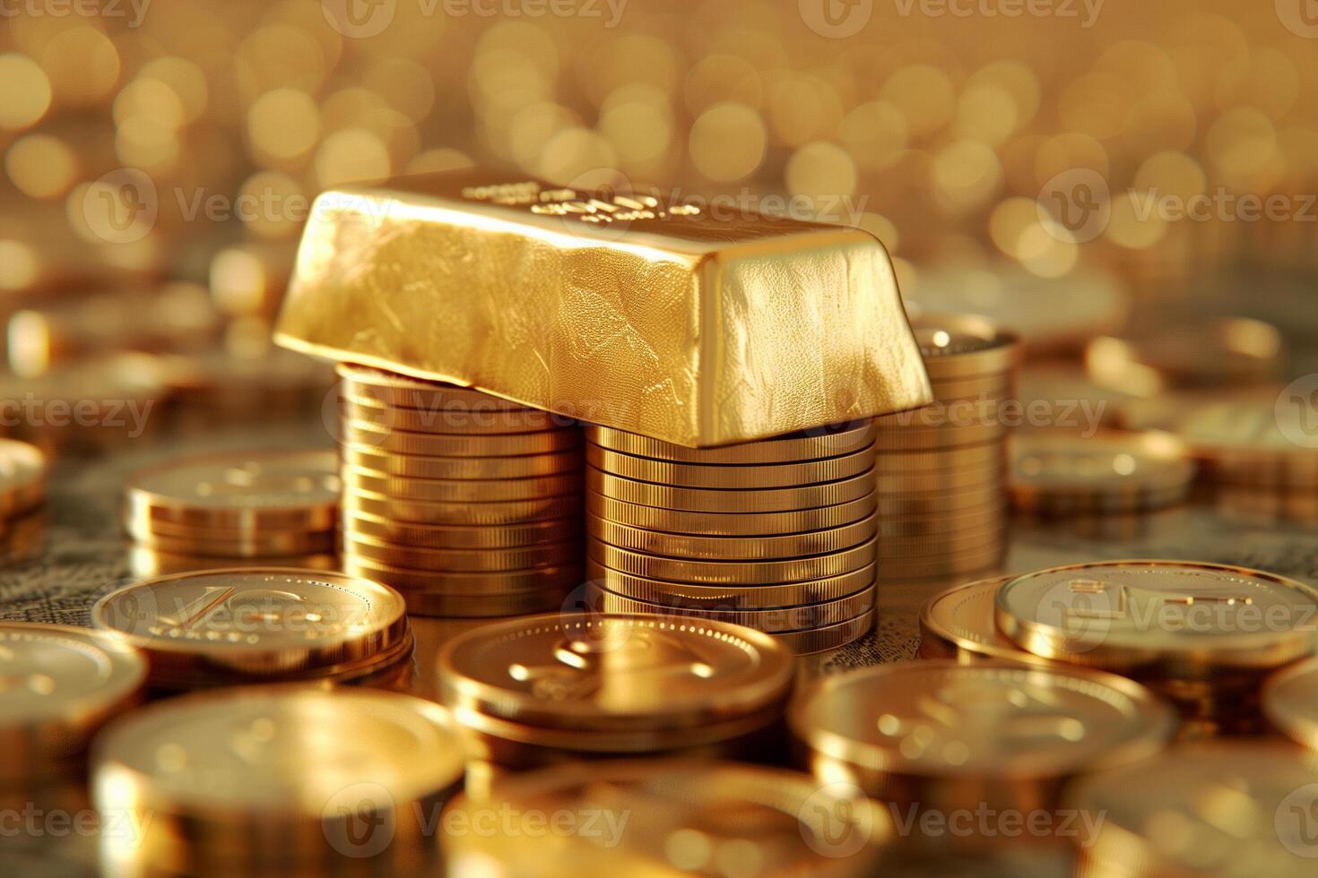 AI generated Gold bar put on top of stacks of gold coin photo