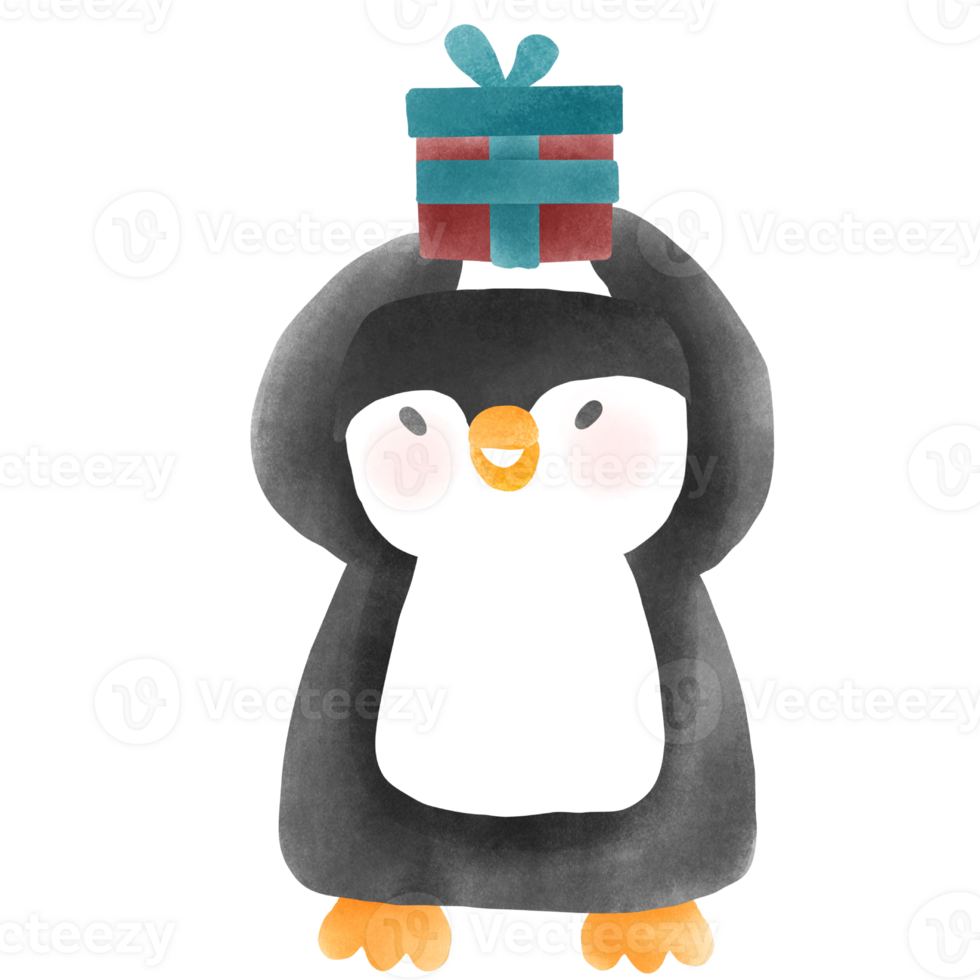 Adorable Penguin with Gift in Watercolor  Festive Animal Illustration for Christmas Cards and Decor png