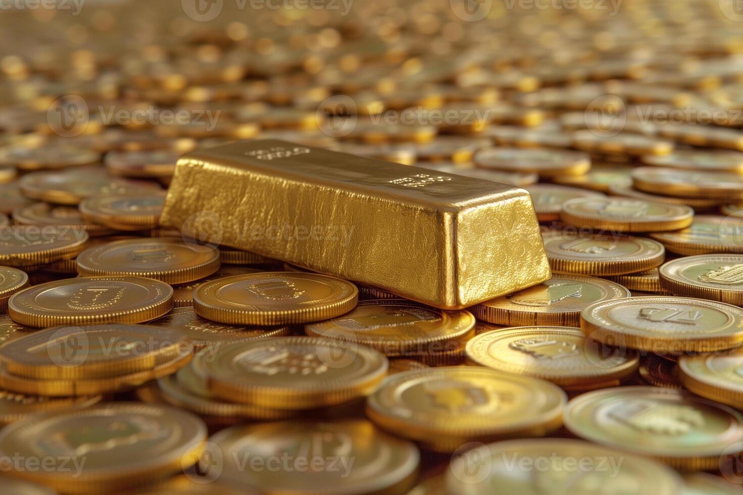 AI generated Gold bar put on top of stacks of gold coin photo