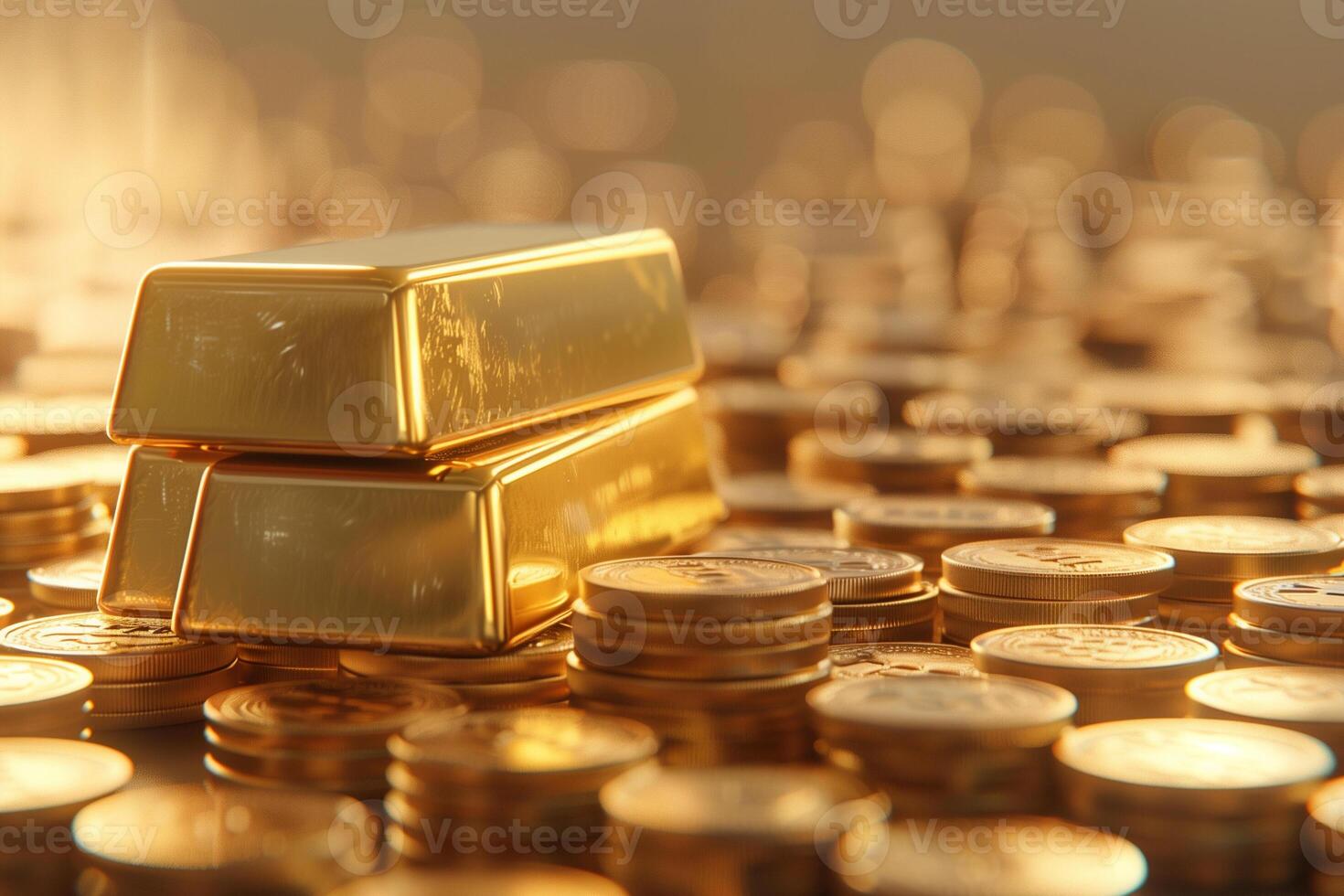 AI generated Gold bar put on top of stacks of gold coin photo