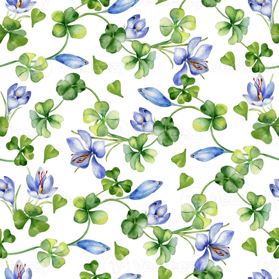 Watercolor seamless pattern with saffron and clover. Painted herbal plants and flowers. Hand drawn Irish symbol. Design for St. Patrick day, Easter backdrop, package, textile. png