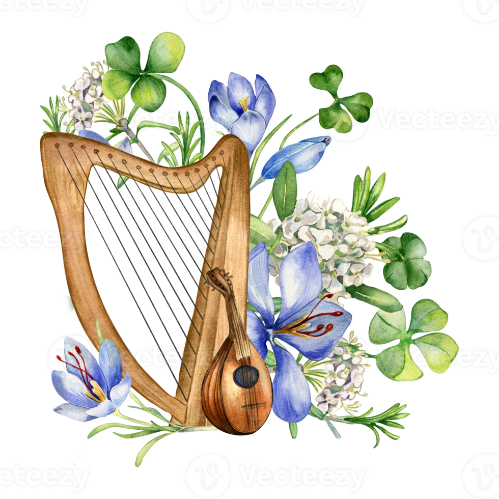 Musical instruments and spring flowers watercolor illustration. Painted green clover with harp and mandoline. Irish symbol hand drawn. Design for St Patrick day, Easter, springtime. png