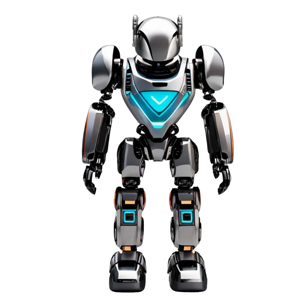 AI generated Cheerful cute silver and teal color standing humanoid robot PNG isolated on a transparent background AI Generative