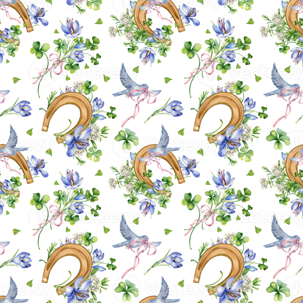 Lucky symbol horseshoe and flowers in botanical art watercolor seamless pattern. Painted saffron, clover and bird. Design for St. Patrick day, Easter, spring banner, paper, textile. png