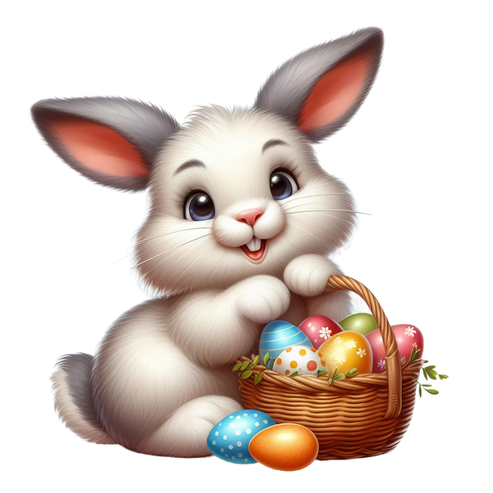 ai gegenereerd een charmant wit Pasen konijn omringd door geschilderd Pasen eieren PNG geïsoleerd Aan transparant achtergrond ai generatief