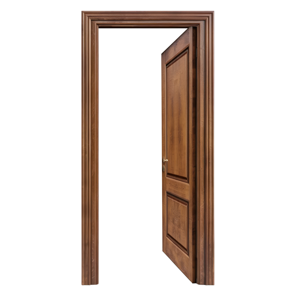 AI generated Open Door Isolated on Transparent Background. Front view Open Wooden Door with Frame PNG