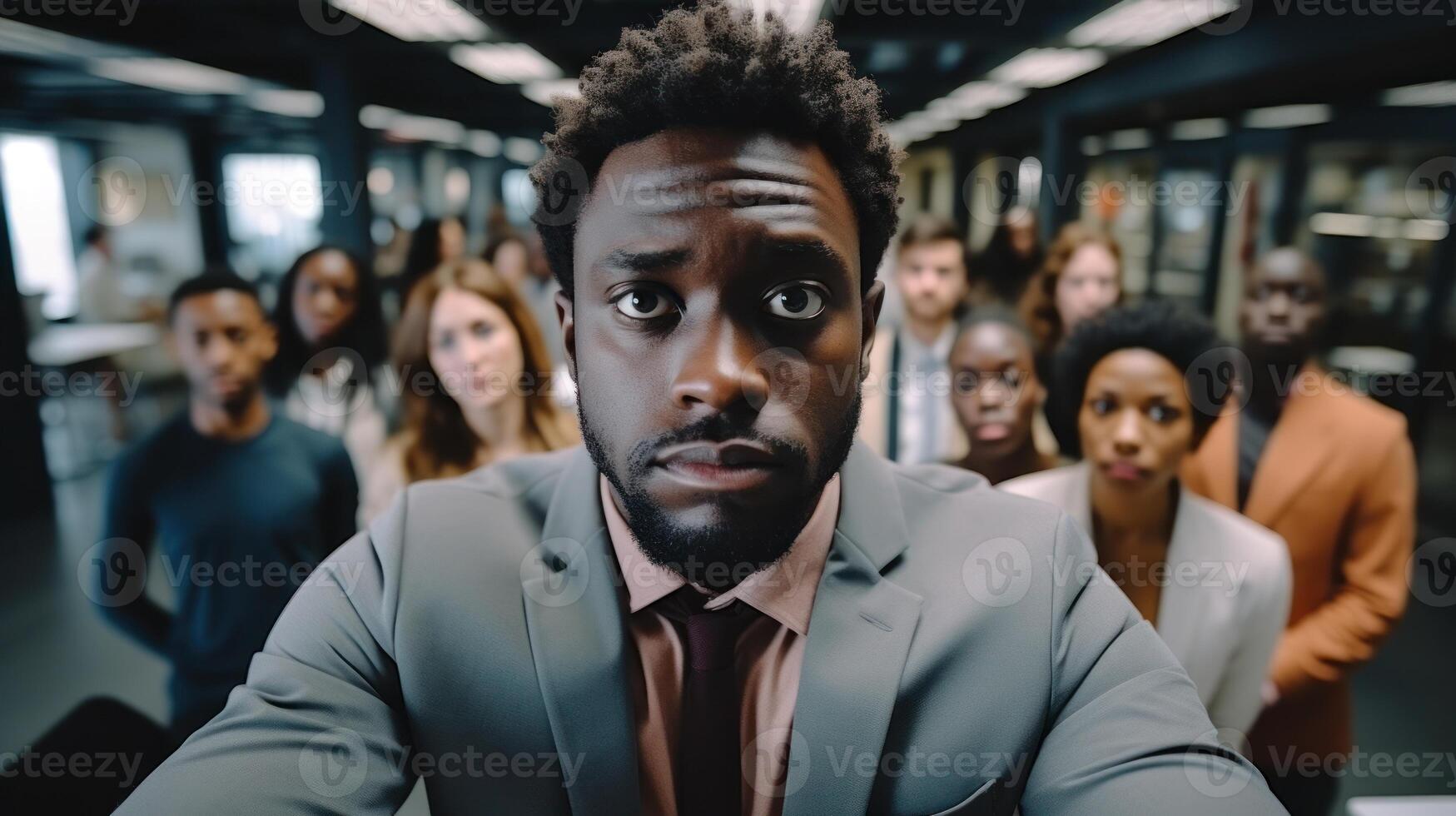AI generated Lonely Black Man Working in Office While Colleagues Take Selfies Generative AI photo