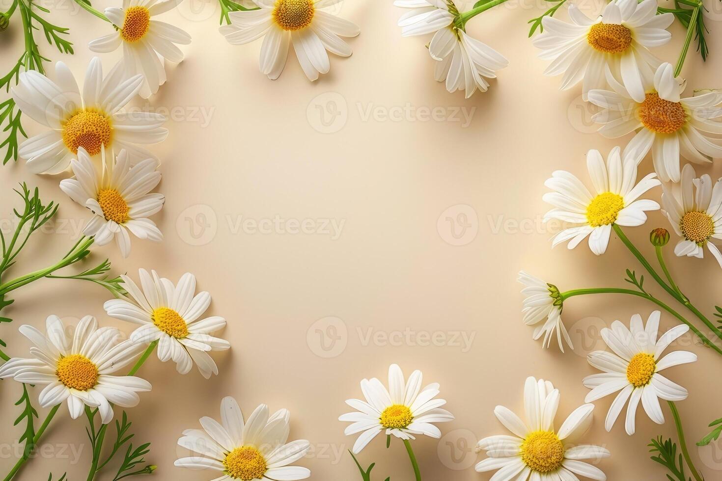 AI generated Frame of daisies, petals, leaves on a light yellow background. Flat lay, top view floral background. AI-generated content. photo